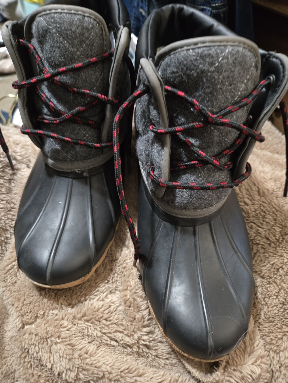 Skechers Black Gray Winter Duck Boots with Red-Accent Laces
